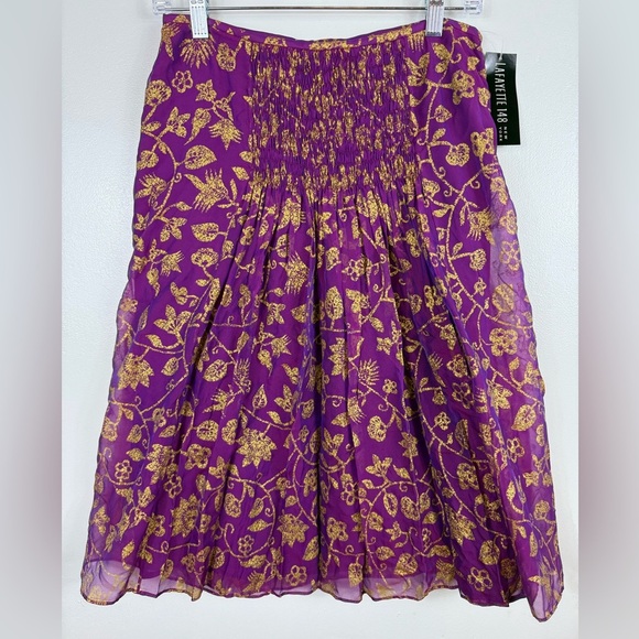 Lafayette 148 Floral Smocked Silk‎ Blend Midi Skirt Lined Purple Gold NWT Size 4 - Picture 1 of 8